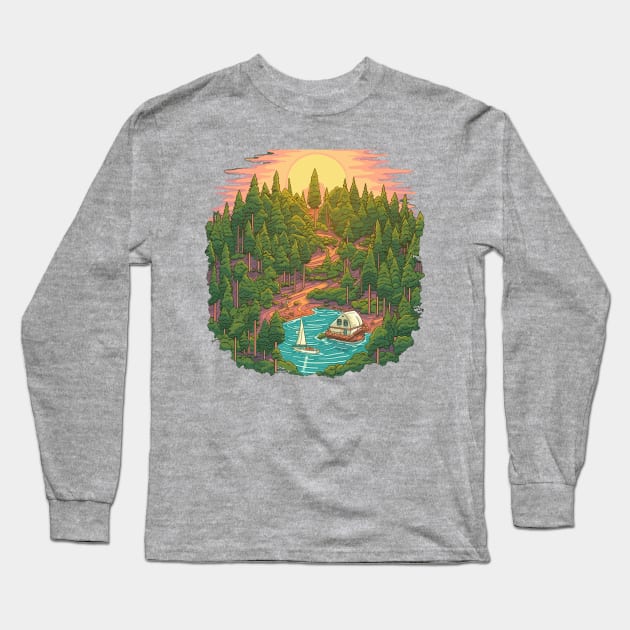 Secluded Cabin in the Woods Long Sleeve T-Shirt by Synth Print